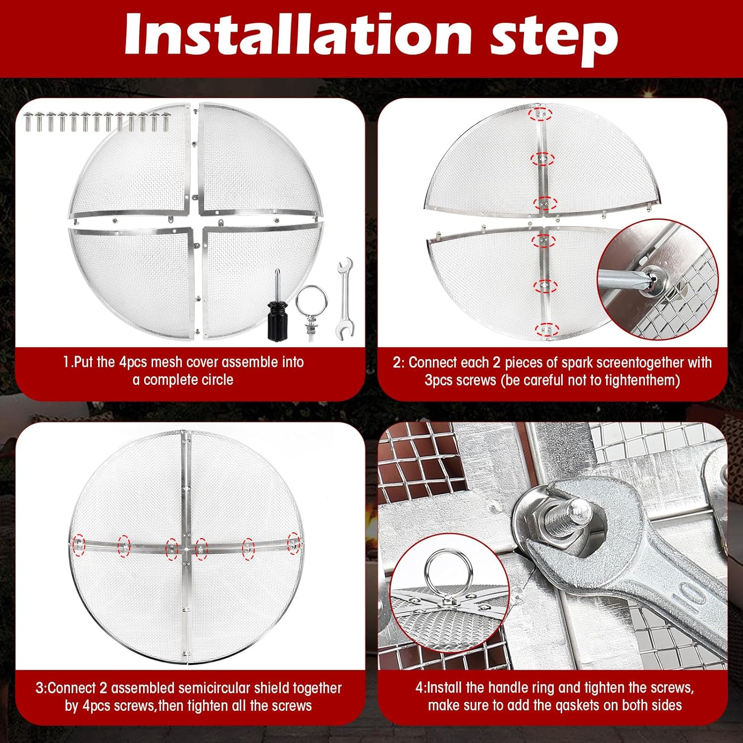 Fire Pit Spark Screen,36 Inch Fire Pit Screen Cover Stainless Steel Outdoor with Handle&Poker,Firepit Screens Cover Round Mesh Lid Heavy-Duty Steel Replacement for Backyard/Beach/RV Camping